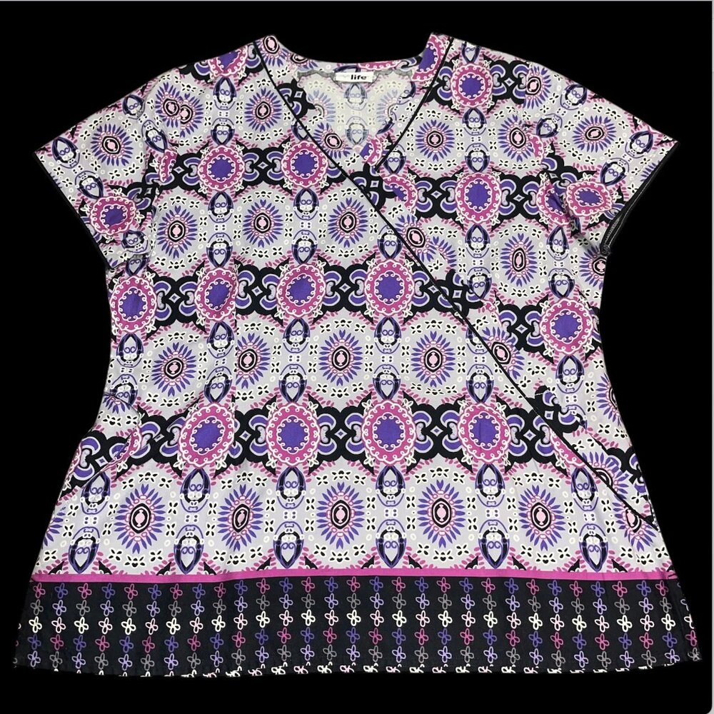 VLife Pink Purple Black Geometric Floral Flower Whimsical Scrub Shirt Top Large